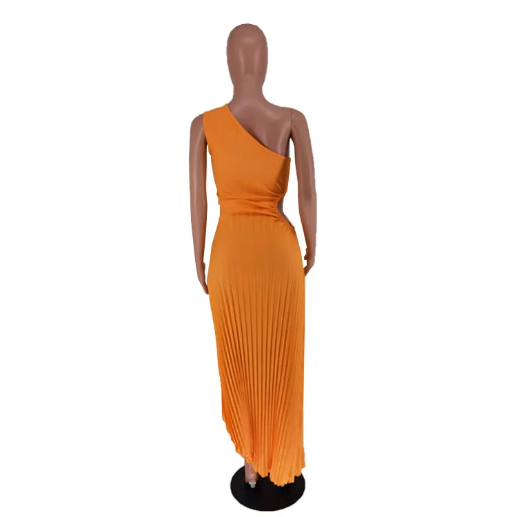 CMYAYA Women One Shoulder Sleeveless Roll Waist Pleated Ruched A-line Dress Sexy Party Prom Evening Maxi Dresses Orange Vestidos