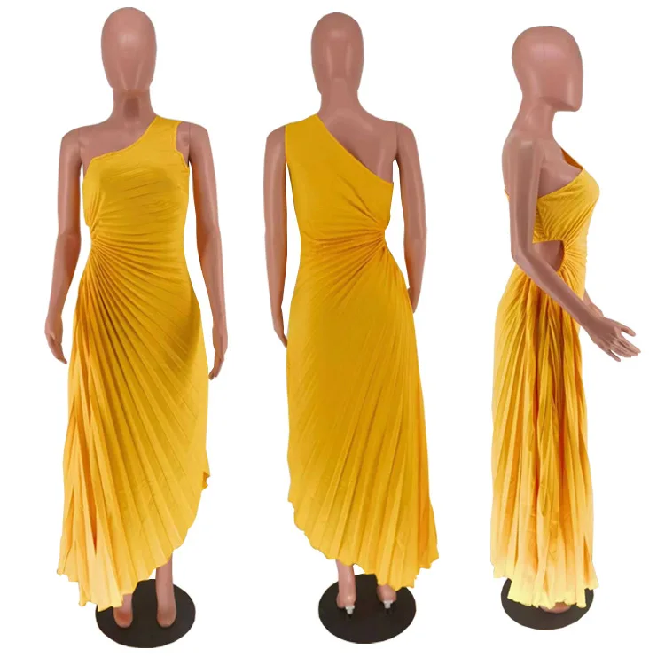 CMYAYA Women One Shoulder Sleeveless Roll Waist Pleated Ruched A-line Dress Sexy Party Prom Evening Maxi Dresses Orange Vestidos