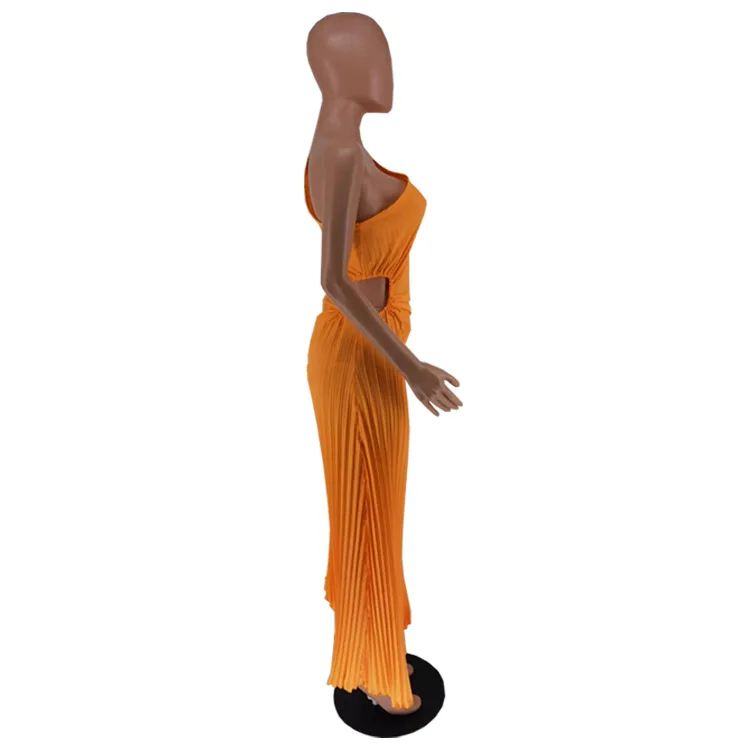 CMYAYA Women One Shoulder Sleeveless Roll Waist Pleated Ruched A-line Dress Sexy Party Prom Evening Maxi Dresses Orange Vestidos