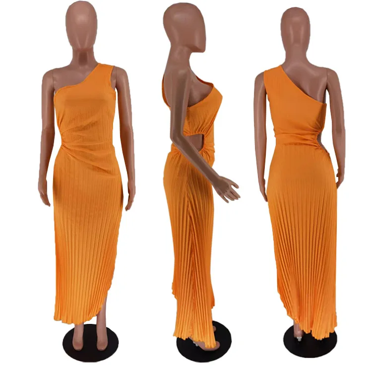 CMYAYA Women One Shoulder Sleeveless Roll Waist Pleated Ruched A-line Dress Sexy Party Prom Evening Maxi Dresses Orange Vestidos