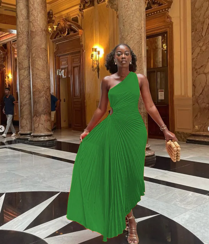 CMYAYA Women One Shoulder Sleeveless Roll Waist Pleated Ruched A-line Dress Sexy Party Prom Evening Maxi Dresses Orange Vestidos