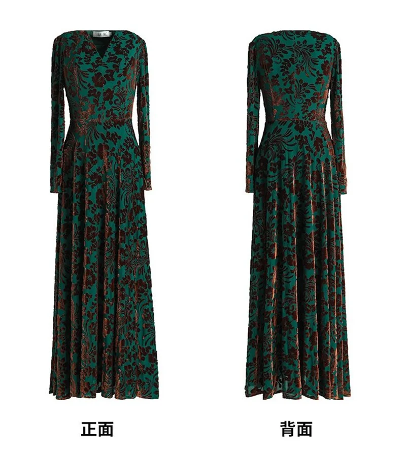 Spring Autumn New Gold Velvet Long Sleeve Dress For Women High Grade Green Plush Jacquard Long Dress Female Elegant Dresses 4XL