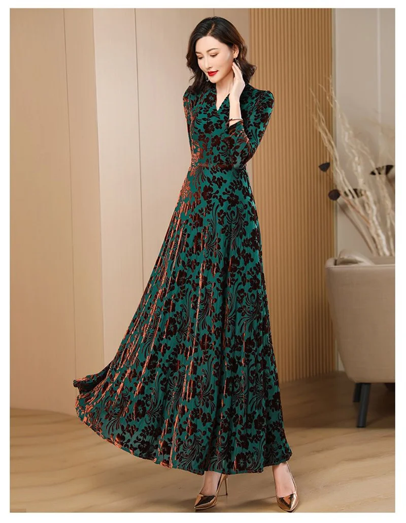 Spring Autumn New Gold Velvet Long Sleeve Dress For Women High Grade Green Plush Jacquard Long Dress Female Elegant Dresses 4XL
