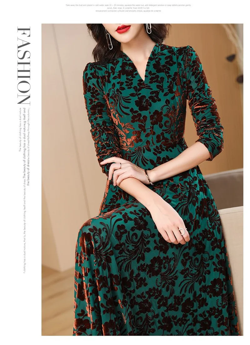 Spring Autumn New Gold Velvet Long Sleeve Dress For Women High Grade Green Plush Jacquard Long Dress Female Elegant Dresses 4XL