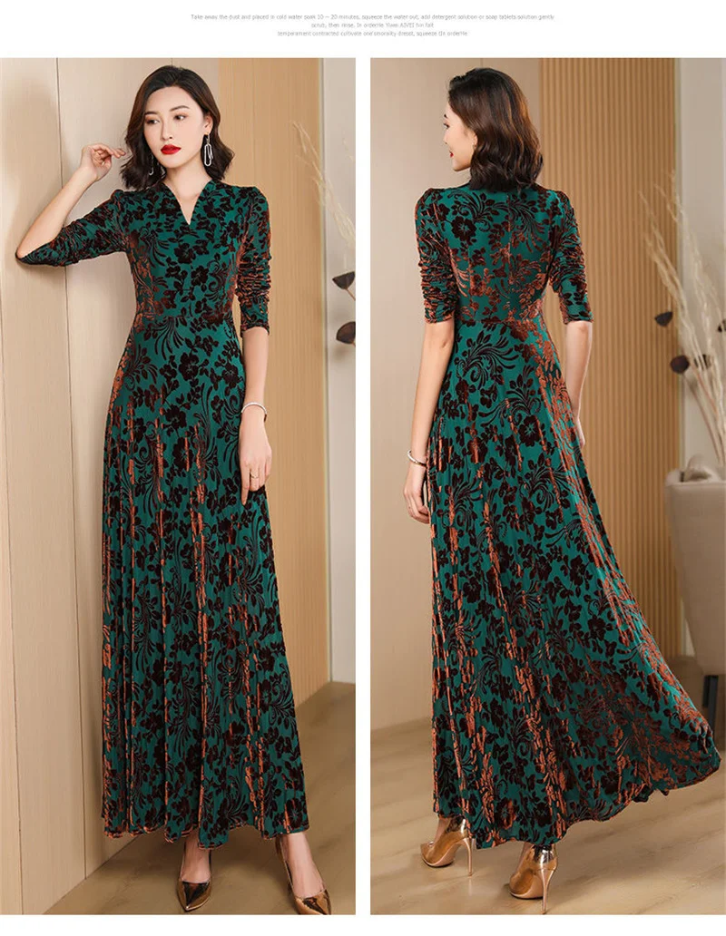 Spring Autumn New Gold Velvet Long Sleeve Dress For Women High Grade Green Plush Jacquard Long Dress Female Elegant Dresses 4XL