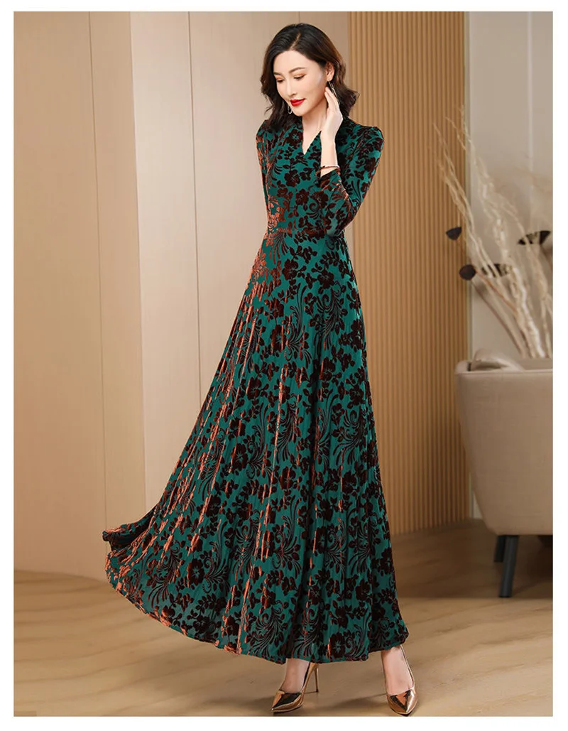 Spring Autumn New Gold Velvet Long Sleeve Dress For Women High Grade Green Plush Jacquard Long Dress Female Elegant Dresses 4XL