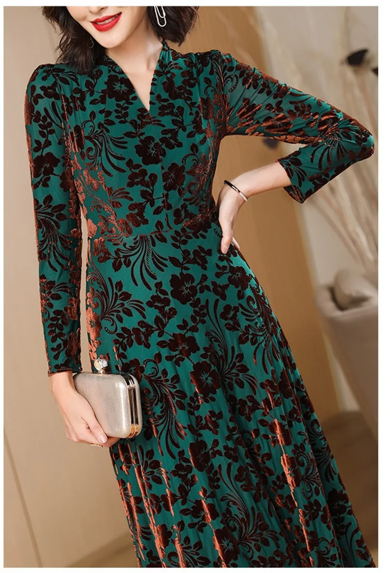Spring Autumn New Gold Velvet Long Sleeve Dress For Women High Grade Green Plush Jacquard Long Dress Female Elegant Dresses 4XL