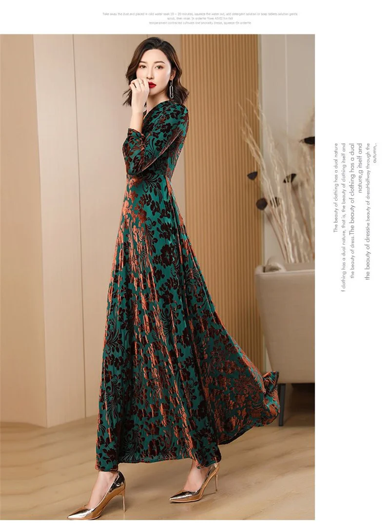 Spring Autumn New Gold Velvet Long Sleeve Dress For Women High Grade Green Plush Jacquard Long Dress Female Elegant Dresses 4XL