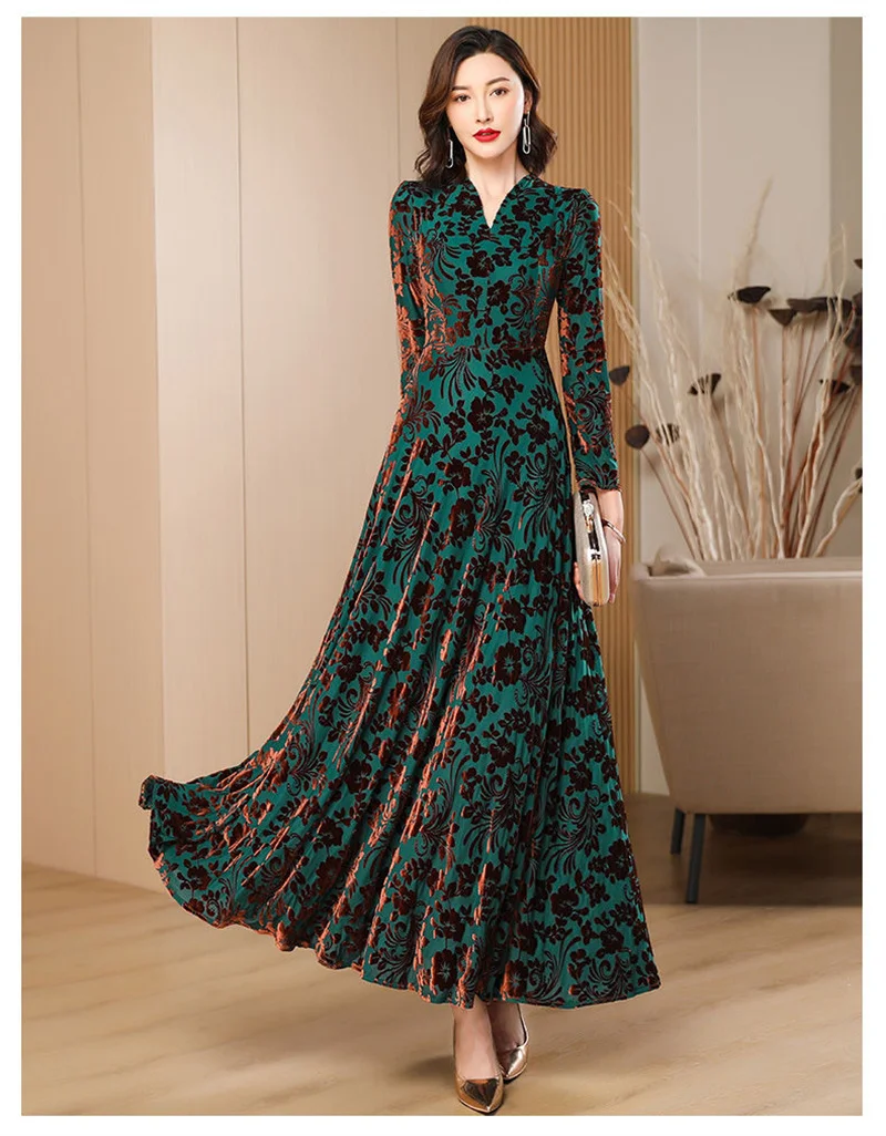 Spring Autumn New Gold Velvet Long Sleeve Dress For Women High Grade Green Plush Jacquard Long Dress Female Elegant Dresses 4XL