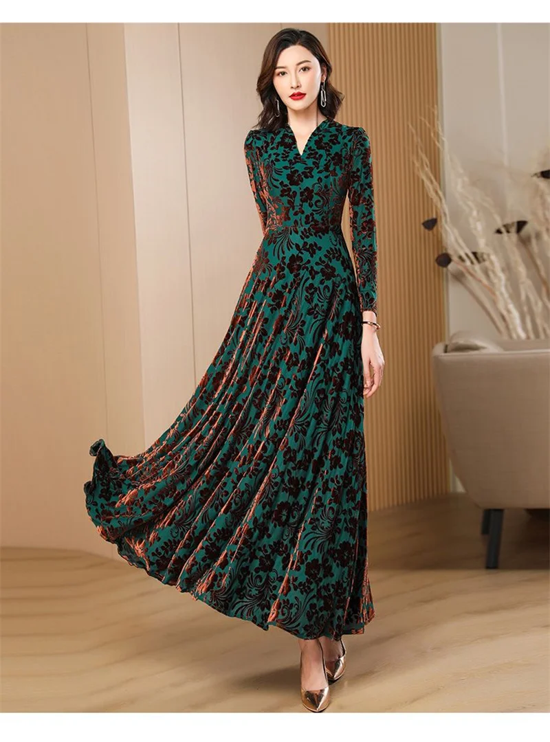 Spring Autumn New Gold Velvet Long Sleeve Dress For Women High Grade Green Plush Jacquard Long Dress Female Elegant Dresses 4XL