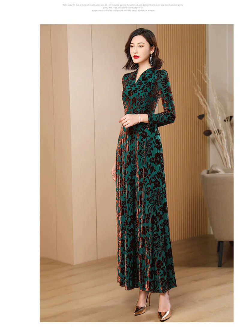 Spring Autumn New Gold Velvet Long Sleeve Dress For Women High Grade Green Plush Jacquard Long Dress Female Elegant Dresses 4XL