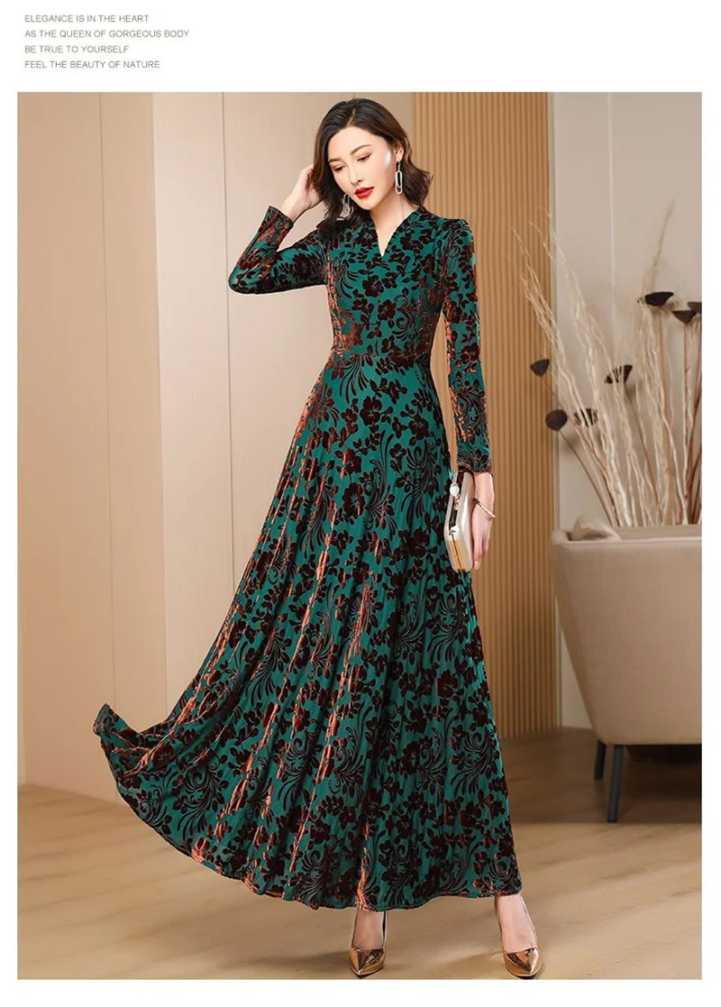Spring Autumn New Gold Velvet Long Sleeve Dress For Women High Grade Green Plush Jacquard Long Dress Female Elegant Dresses 4XL