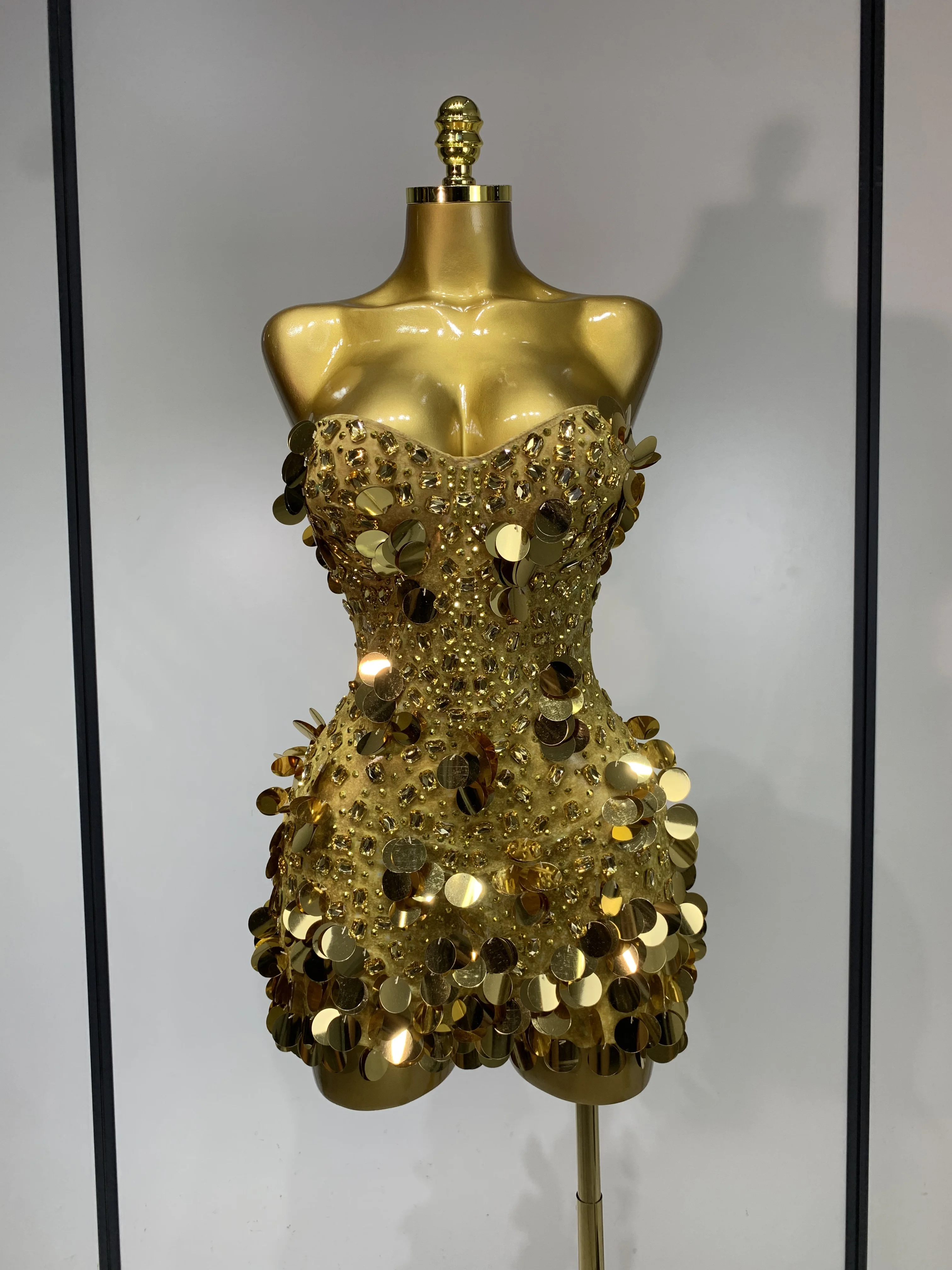 Sparkly Gold Rhinestone Sequins Sexy Strapless Mesh See Through Mini Dress Women Eveing Party Birthday Nightclub Stage Costume