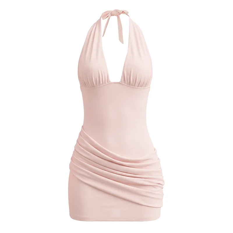Townlike Pleated Slim Bodycon Dress Women Halter Mini 2026 Summer Dress V Neck Backless Evening Nightclub Sexy Party Dresses