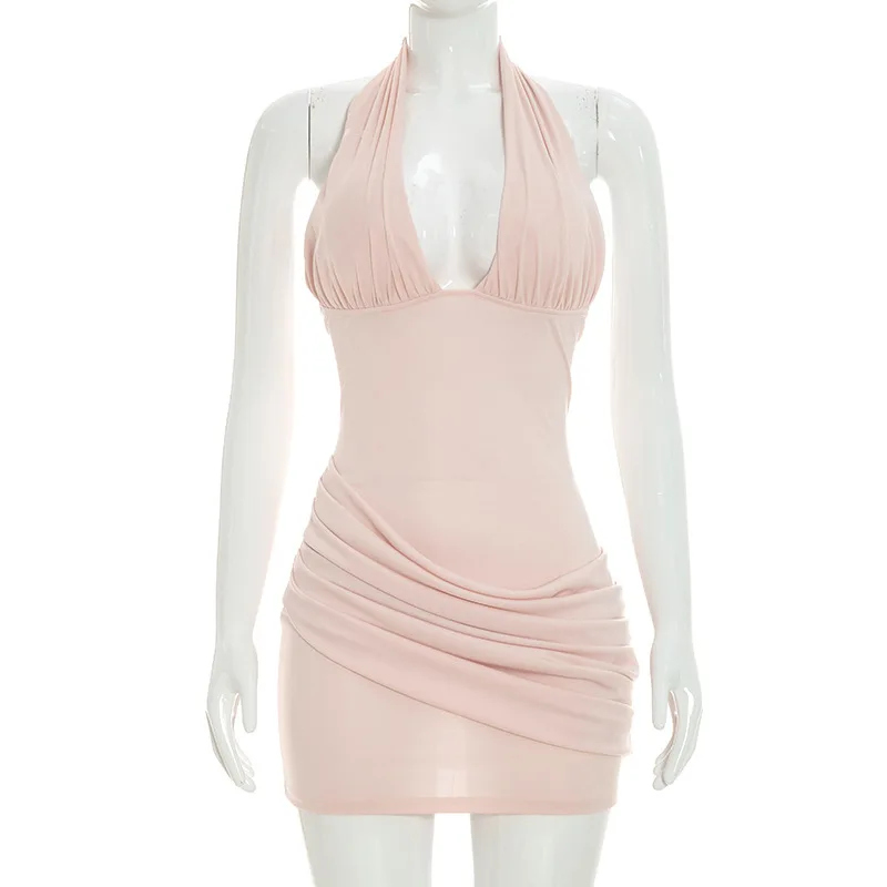 Townlike Pleated Slim Bodycon Dress Women Halter Mini 2026 Summer Dress V Neck Backless Evening Nightclub Sexy Party Dresses