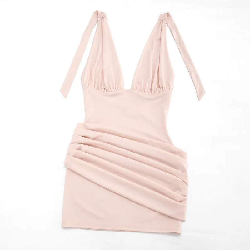 Townlike Pleated Slim Bodycon Dress Women Halter Mini 2026 Summer Dress V Neck Backless Evening Nightclub Sexy Party Dresses