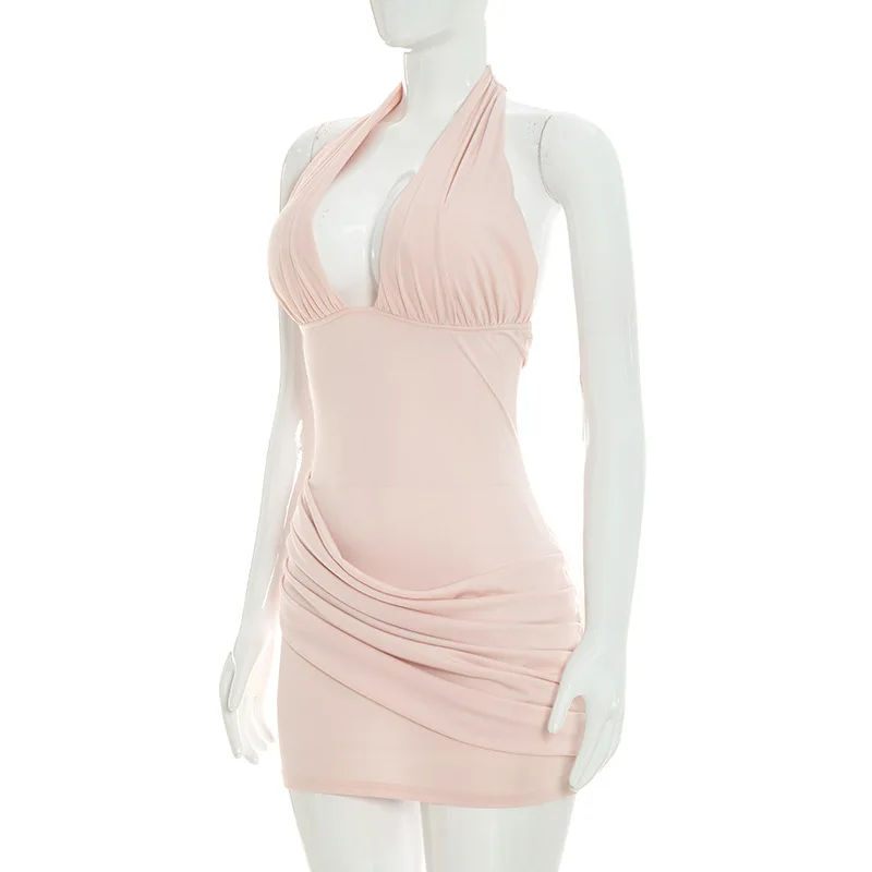Townlike Pleated Slim Bodycon Dress Women Halter Mini 2026 Summer Dress V Neck Backless Evening Nightclub Sexy Party Dresses
