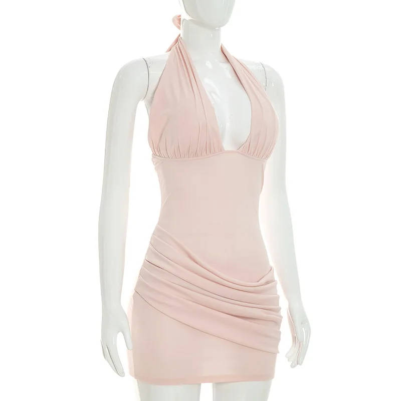 Townlike Pleated Slim Bodycon Dress Women Halter Mini 2026 Summer Dress V Neck Backless Evening Nightclub Sexy Party Dresses