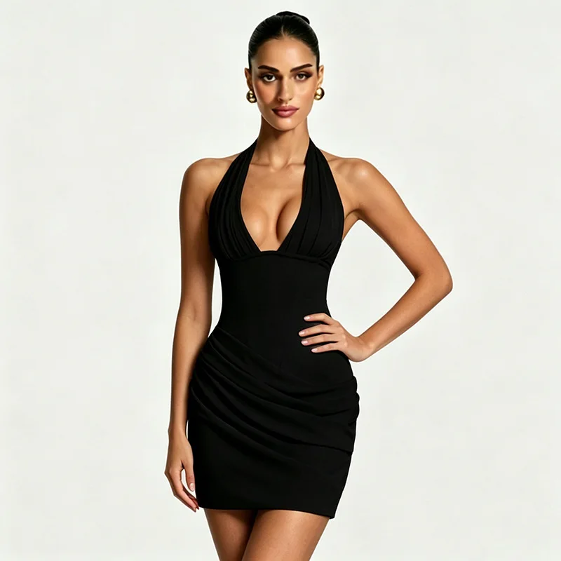 Townlike Pleated Slim Bodycon Dress Women Halter Mini 2026 Summer Dress V Neck Backless Evening Nightclub Sexy Party Dresses