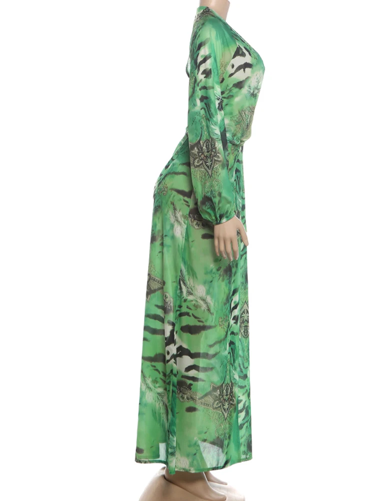 Weird Puss Tiger Stripe Print Long Dress Woman Autumn Trend Deep V-Neck Backless Lantern Sleeve Beach Party Elegant Vestidos