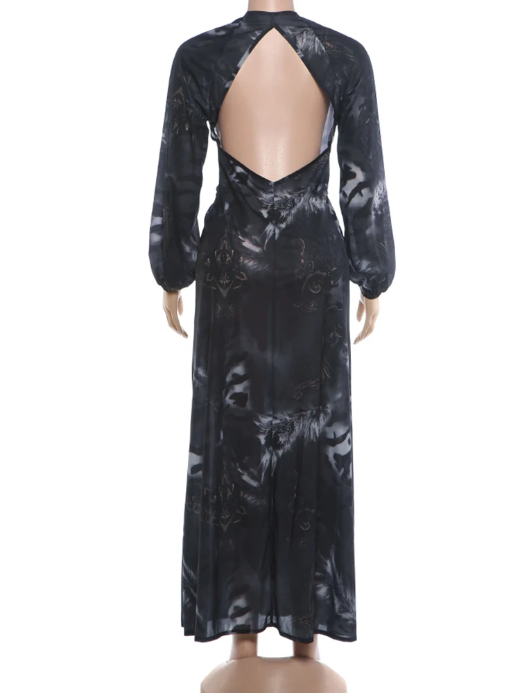 Weird Puss Tiger Stripe Print Long Dress Woman Autumn Trend Deep V-Neck Backless Lantern Sleeve Beach Party Elegant Vestidos