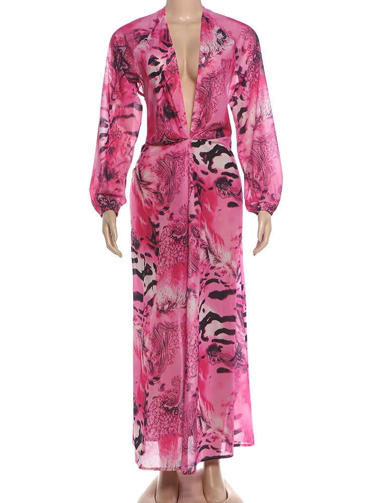 Weird Puss Tiger Stripe Print Long Dress Woman Autumn Trend Deep V-Neck Backless Lantern Sleeve Beach Party Elegant Vestidos
