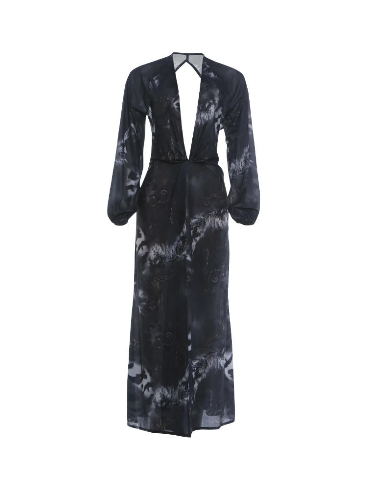 Weird Puss Tiger Stripe Print Long Dress Woman Autumn Trend Deep V-Neck Backless Lantern Sleeve Beach Party Elegant Vestidos