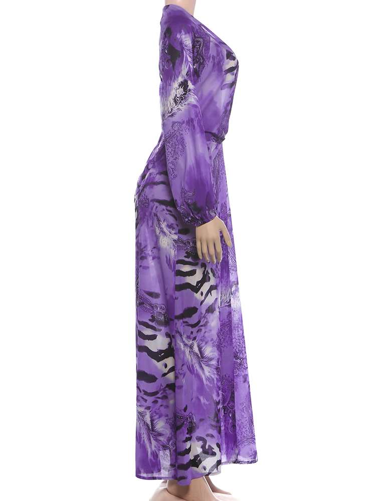 Weird Puss Tiger Stripe Print Long Dress Woman Autumn Trend Deep V-Neck Backless Lantern Sleeve Beach Party Elegant Vestidos