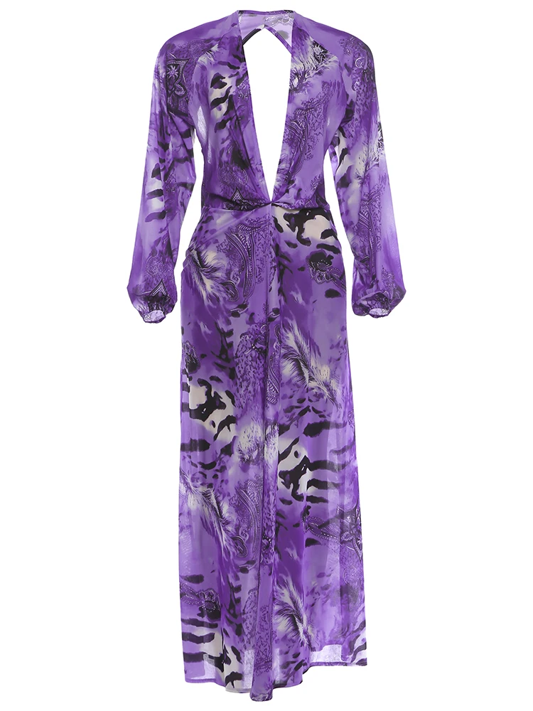 Weird Puss Tiger Stripe Print Long Dress Woman Autumn Trend Deep V-Neck Backless Lantern Sleeve Beach Party Elegant Vestidos
