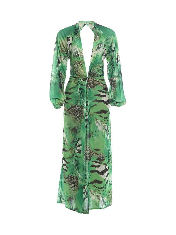 Weird Puss Tiger Stripe Print Long Dress Woman Autumn Trend Deep V-Neck Backless Lantern Sleeve Beach Party Elegant Vestidos