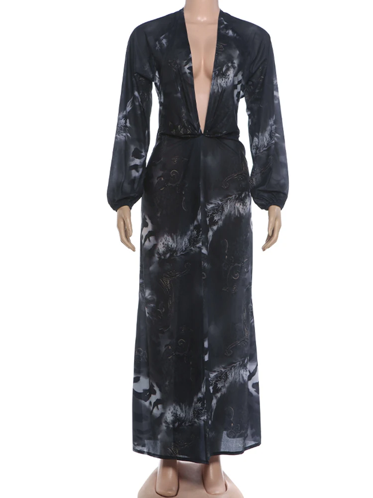 Weird Puss Tiger Stripe Print Long Dress Woman Autumn Trend Deep V-Neck Backless Lantern Sleeve Beach Party Elegant Vestidos