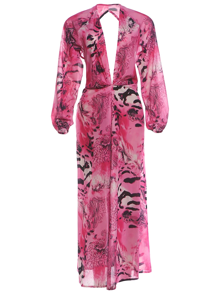 Weird Puss Tiger Stripe Print Long Dress Woman Autumn Trend Deep V-Neck Backless Lantern Sleeve Beach Party Elegant Vestidos