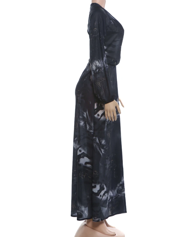 Weird Puss Tiger Stripe Print Long Dress Woman Autumn Trend Deep V-Neck Backless Lantern Sleeve Beach Party Elegant Vestidos