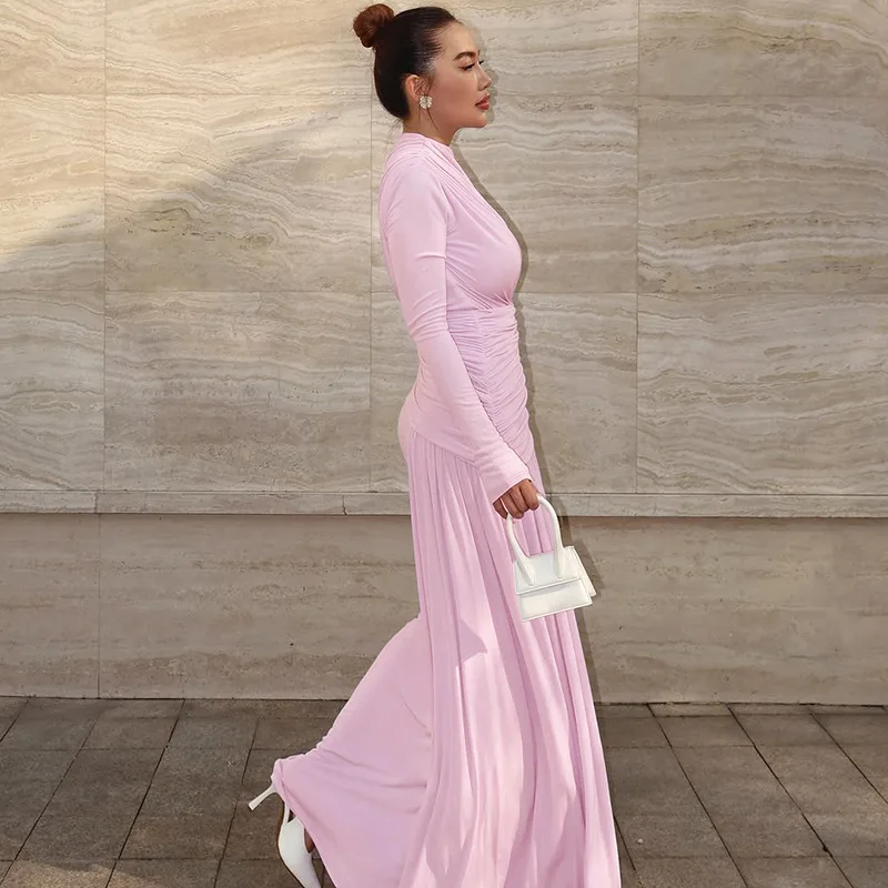 Elegant Pink Irregular Pleated Maxi Dress Women O-Neck Long Sleeve Ruched Slim Long Dress Wedding Guest Evening Party Robes 2026