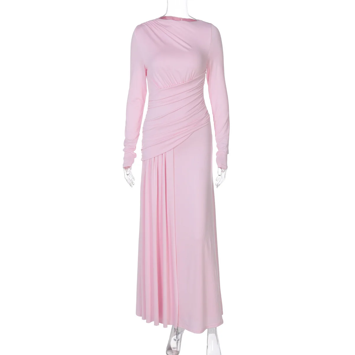 Elegant Pink Irregular Pleated Maxi Dress Women O-Neck Long Sleeve Ruched Slim Long Dress Wedding Guest Evening Party Robes 2026