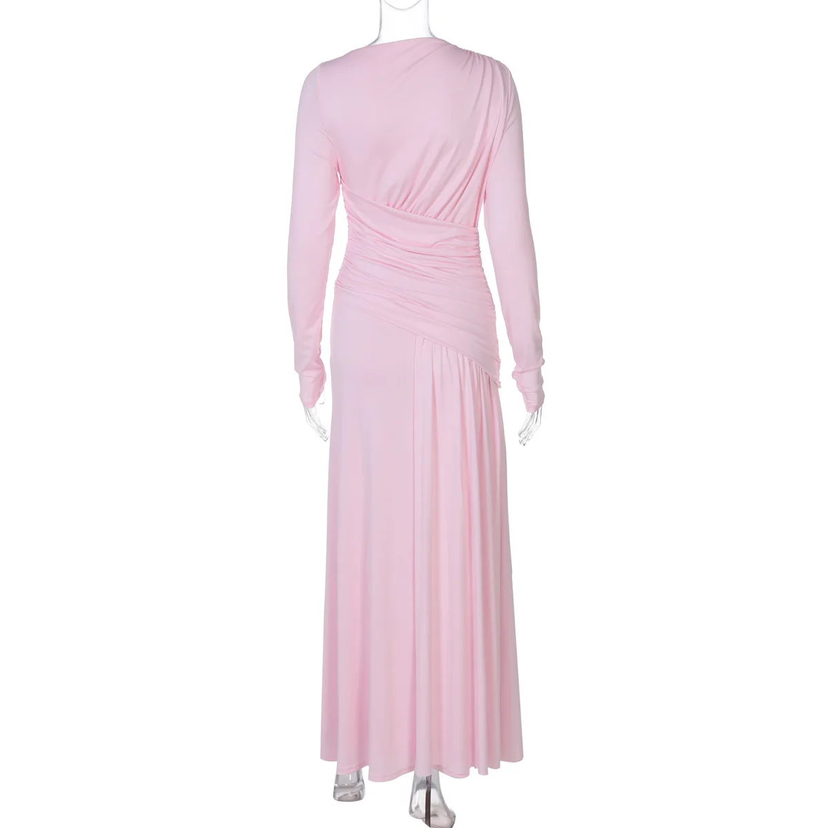 Elegant Pink Irregular Pleated Maxi Dress Women O-Neck Long Sleeve Ruched Slim Long Dress Wedding Guest Evening Party Robes 2026