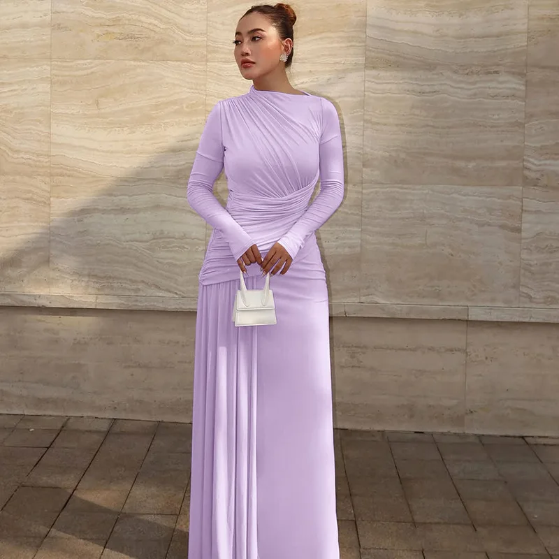 Elegant Pink Irregular Pleated Maxi Dress Women O-Neck Long Sleeve Ruched Slim Long Dress Wedding Guest Evening Party Robes 2026