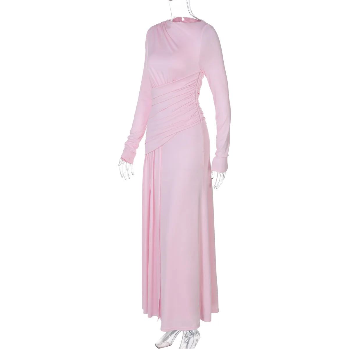 Elegant Pink Irregular Pleated Maxi Dress Women O-Neck Long Sleeve Ruched Slim Long Dress Wedding Guest Evening Party Robes 2026