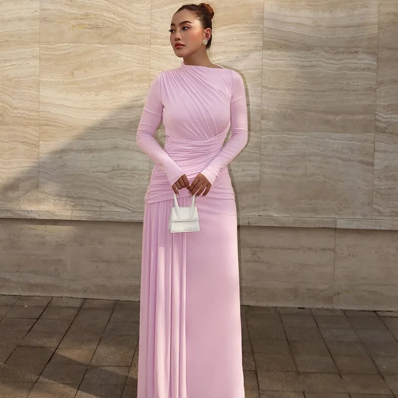 Elegant Pink Irregular Pleated Maxi Dress Women O-Neck Long Sleeve Ruched Slim Long Dress Wedding Guest Evening Party Robes 2026