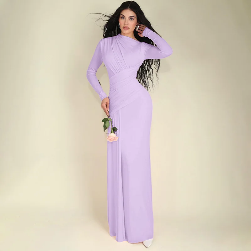 Elegant Pink Irregular Pleated Maxi Dress Women O-Neck Long Sleeve Ruched Slim Long Dress Wedding Guest Evening Party Robes 2026