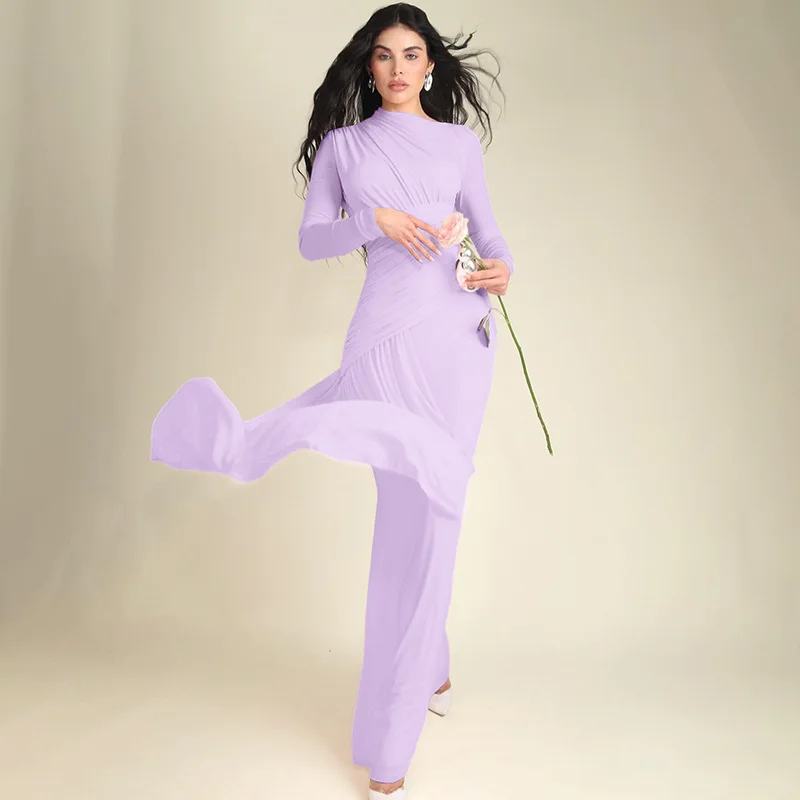 Elegant Pink Irregular Pleated Maxi Dress Women O-Neck Long Sleeve Ruched Slim Long Dress Wedding Guest Evening Party Robes 2026