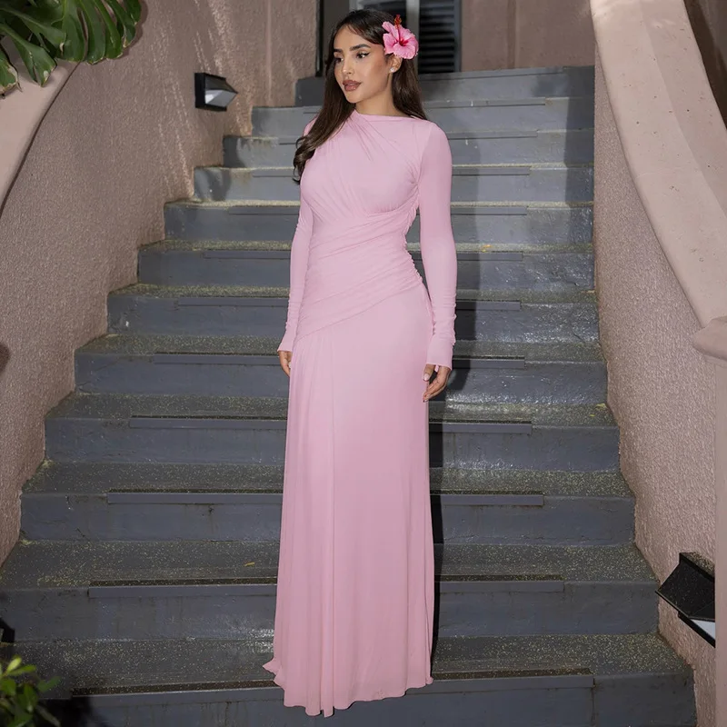 Elegant Pink Irregular Pleated Maxi Dress Women O-Neck Long Sleeve Ruched Slim Long Dress Wedding Guest Evening Party Robes 2026