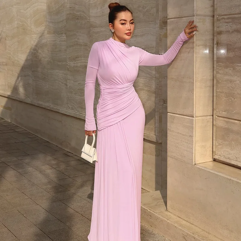 Elegant Pink Irregular Pleated Maxi Dress Women O-Neck Long Sleeve Ruched Slim Long Dress Wedding Guest Evening Party Robes 2026