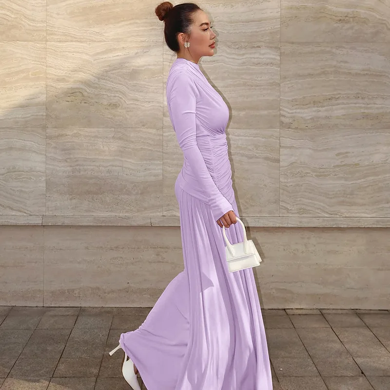 Elegant Pink Irregular Pleated Maxi Dress Women O-Neck Long Sleeve Ruched Slim Long Dress Wedding Guest Evening Party Robes 2026