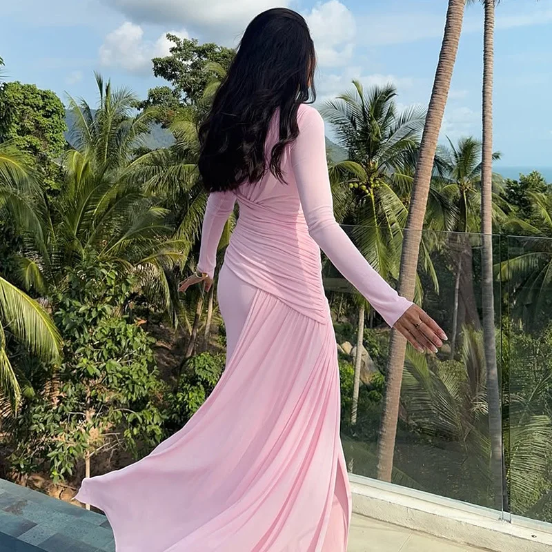 Elegant Pink Irregular Pleated Maxi Dress Women O-Neck Long Sleeve Ruched Slim Long Dress Wedding Guest Evening Party Robes 2026