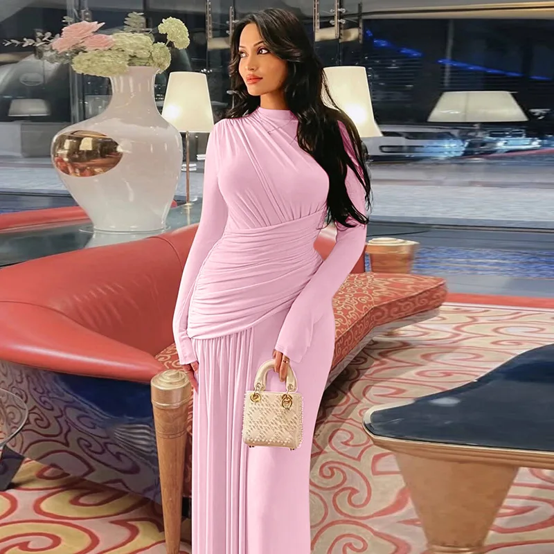 Elegant Pink Irregular Pleated Maxi Dress Women O-Neck Long Sleeve Ruched Slim Long Dress Wedding Guest Evening Party Robes 2026