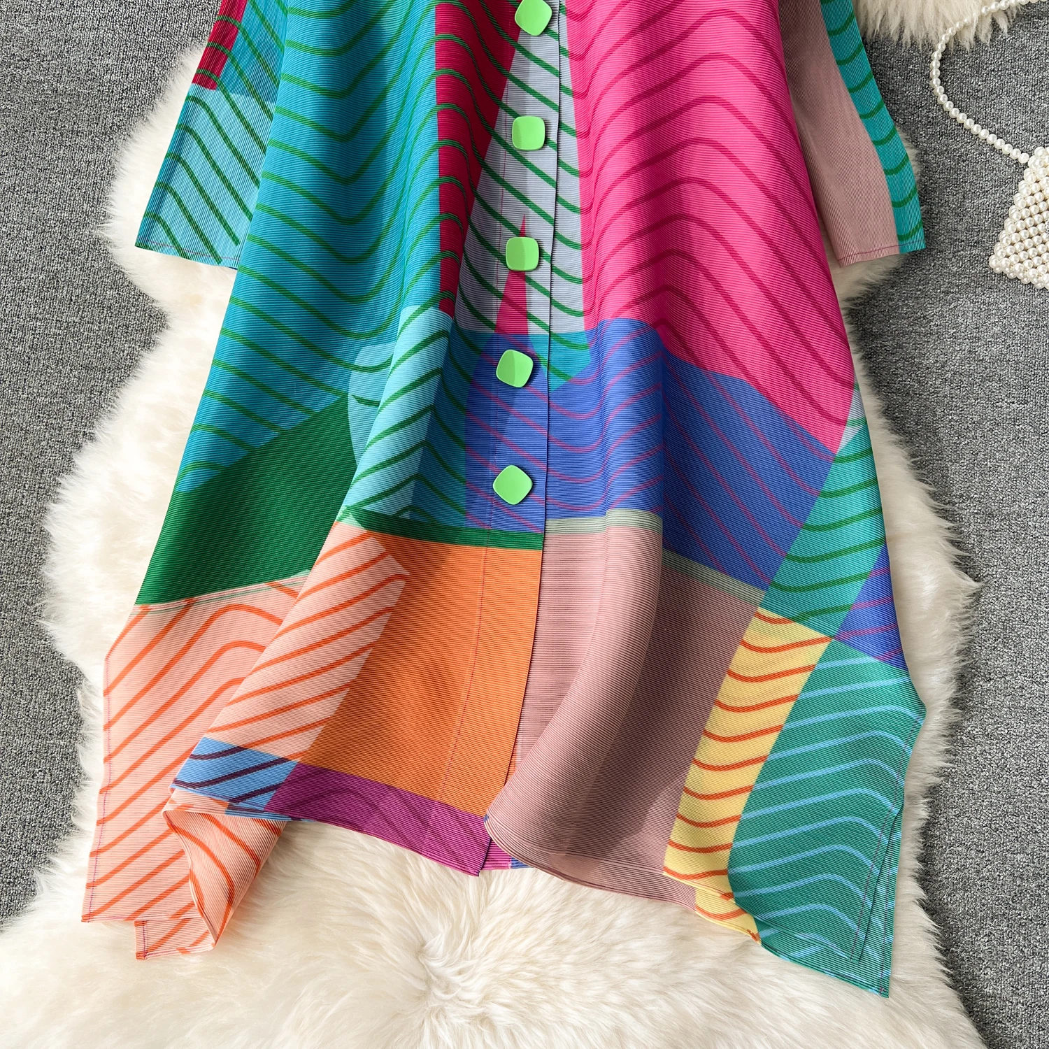 Miyake Pleated Dress Women Spring Summer Colorblock Printing Lapel 3/4 Sleeve Single-breasted Fashion Irregular Shirt Dresses