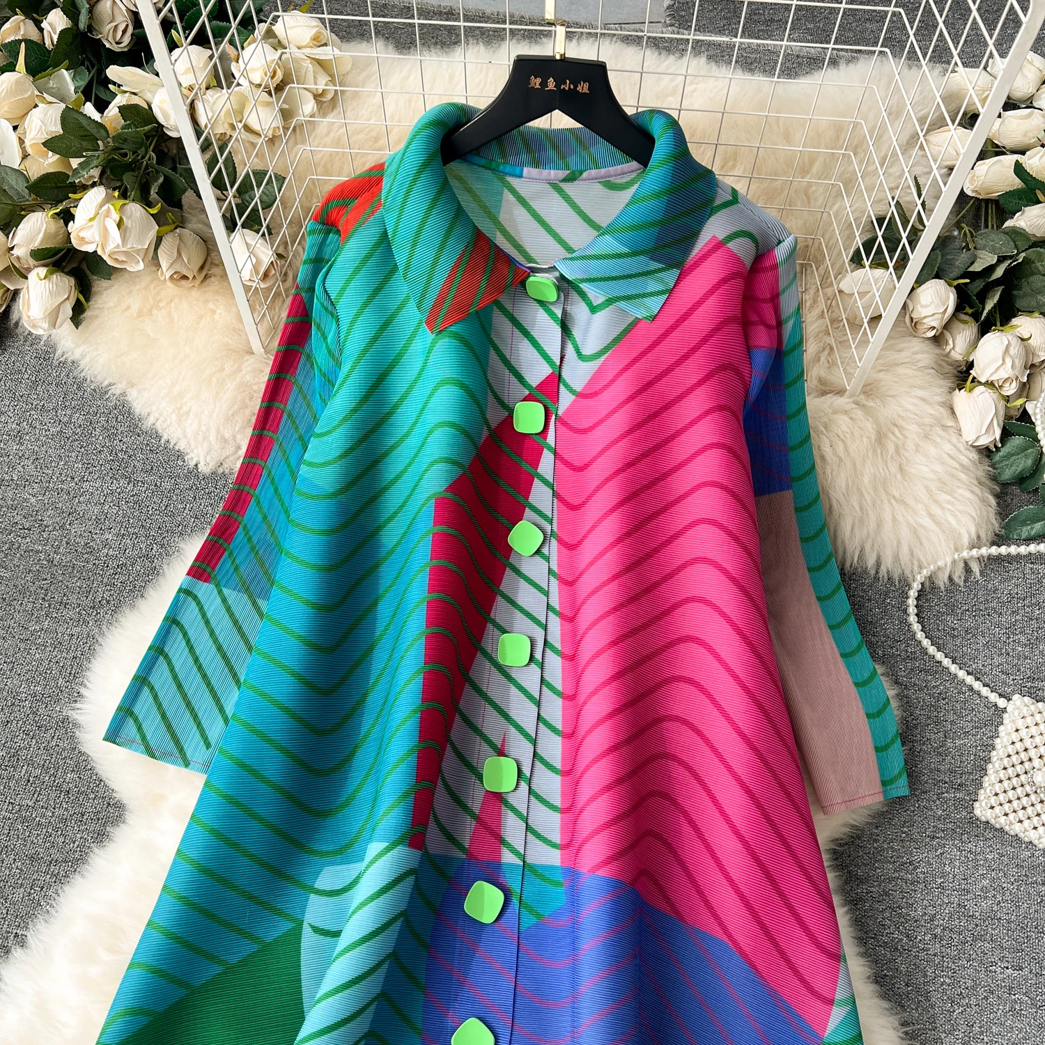 Miyake Pleated Dress Women Spring Summer Colorblock Printing Lapel 3/4 Sleeve Single-breasted Fashion Irregular Shirt Dresses