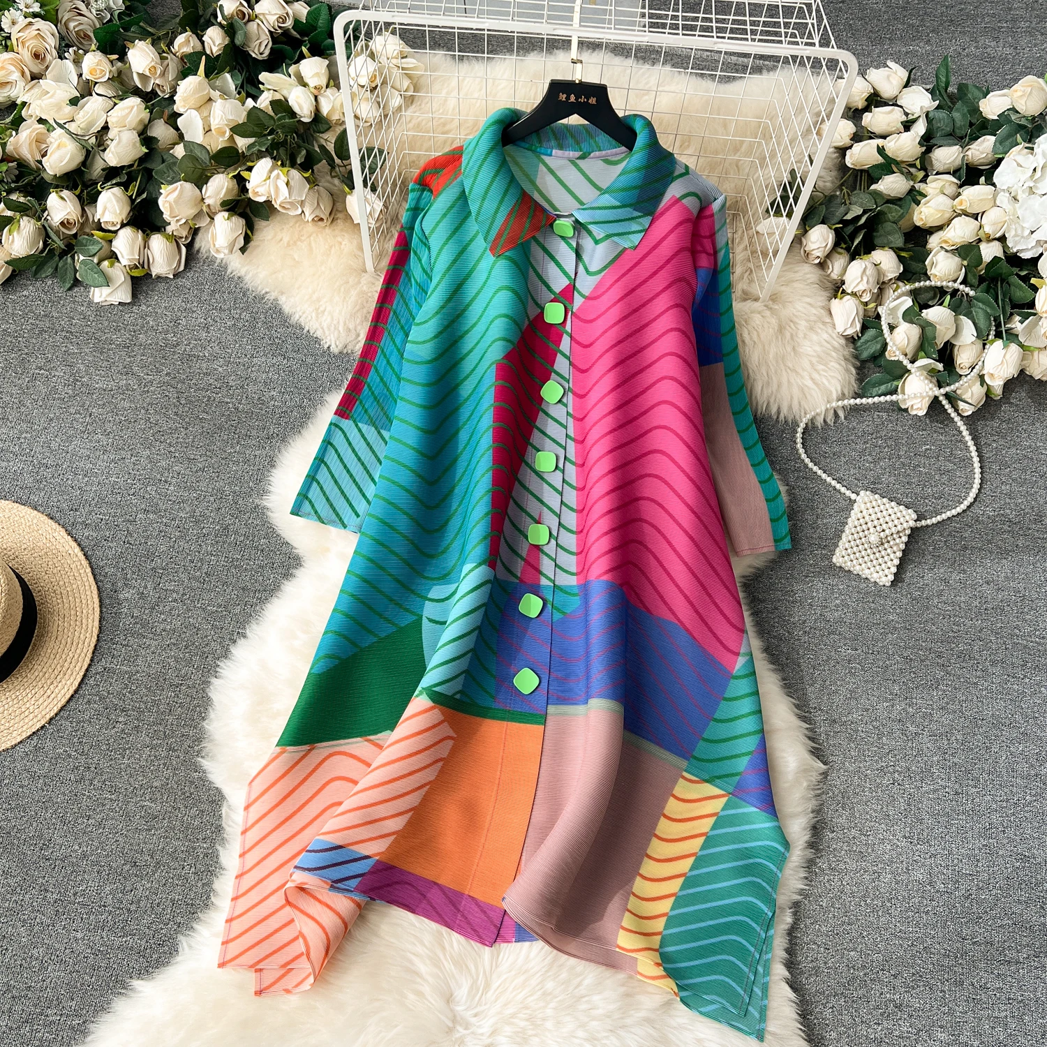 Miyake Pleated Dress Women Spring Summer Colorblock Printing Lapel 3/4 Sleeve Single-breasted Fashion Irregular Shirt Dresses
