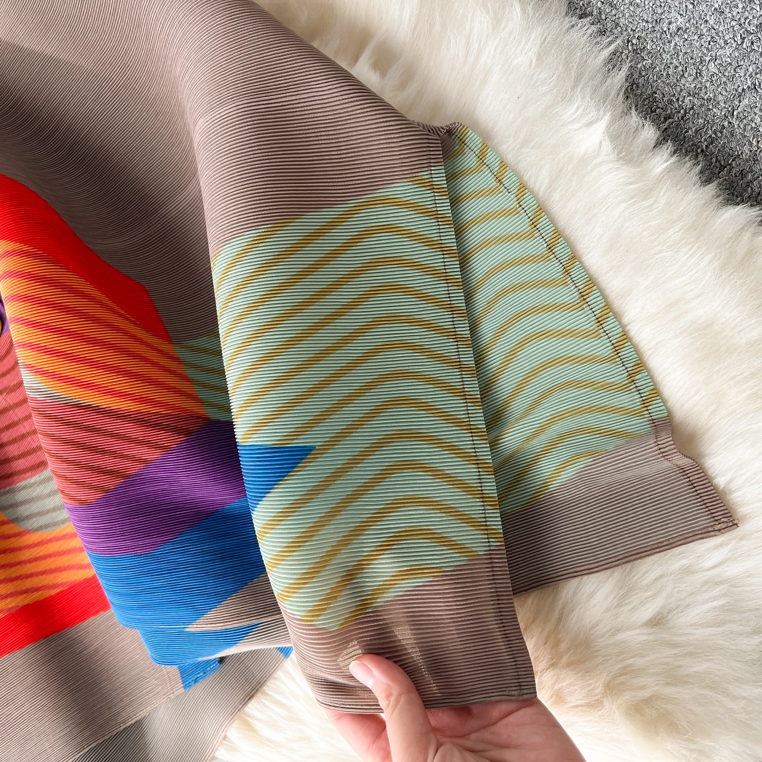 Miyake Pleated Dress Women Spring Summer Colorblock Printing Lapel 3/4 Sleeve Single-breasted Fashion Irregular Shirt Dresses